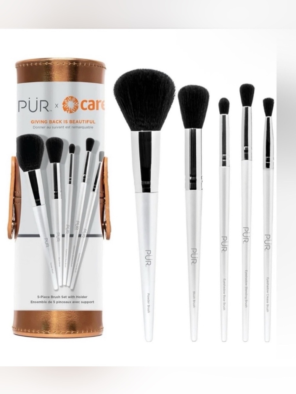 PÜR 5-Piece White Makeup Brush Set with Bronze Case NWT